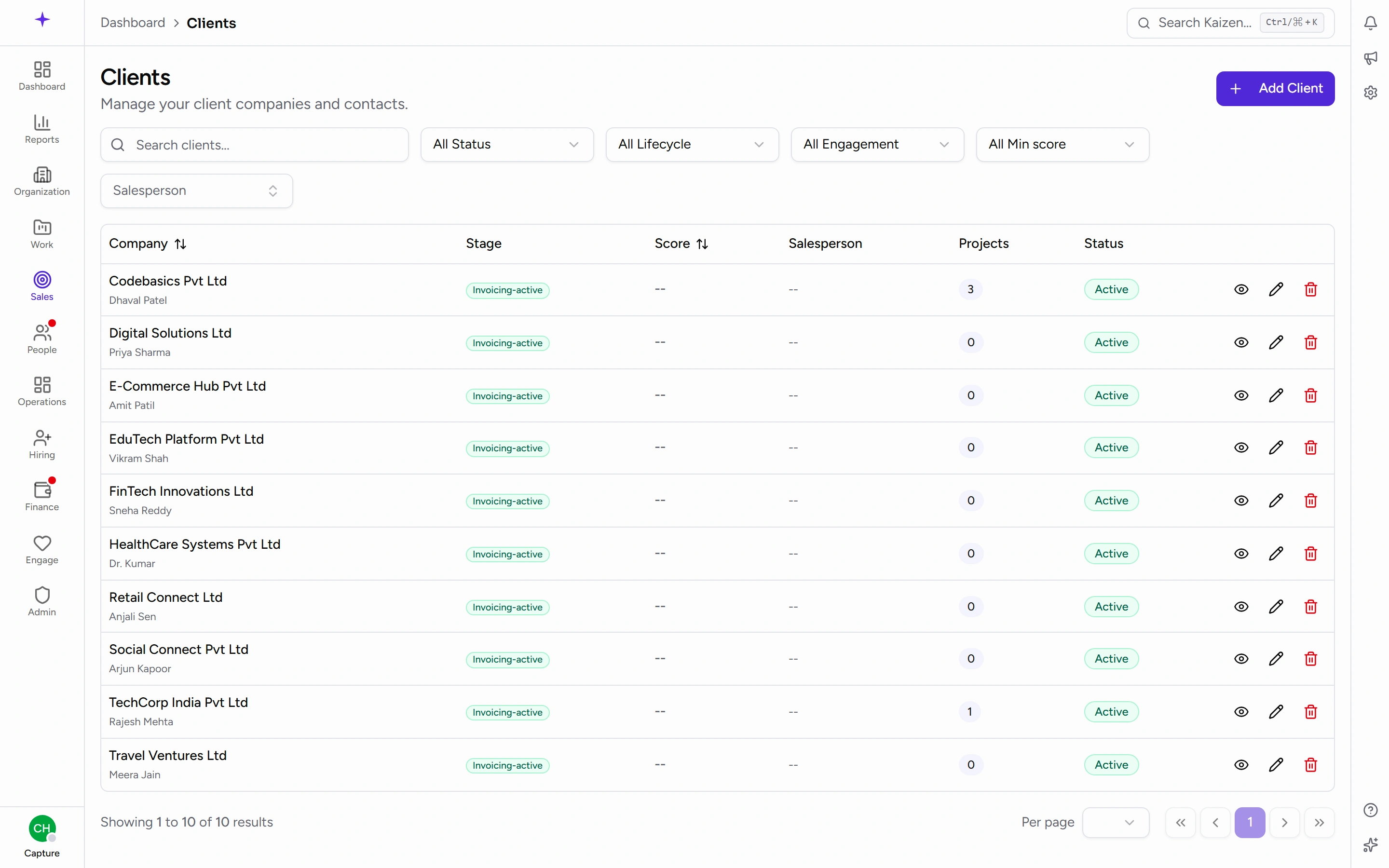 The client list, with owner, status and linked projects