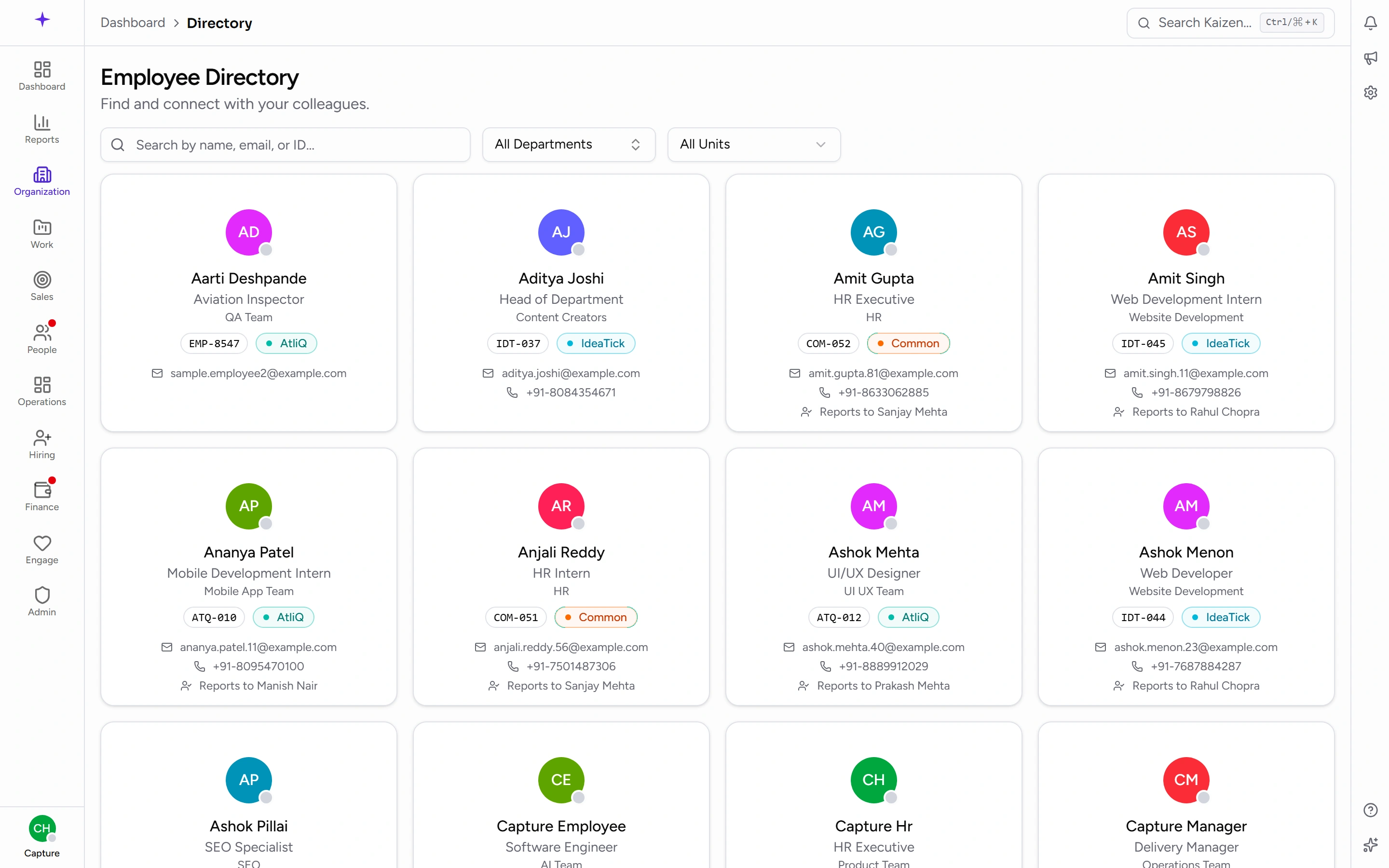 The directory — one card per person, with search and filters above
