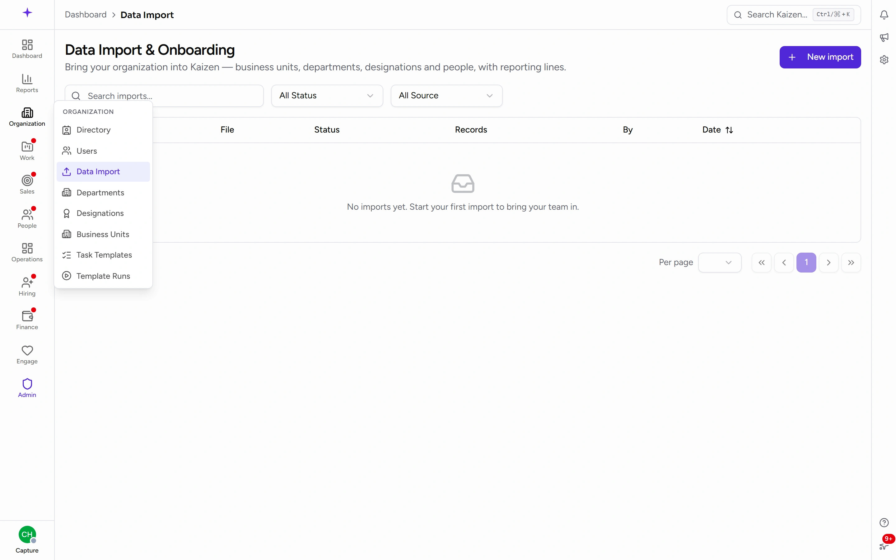Data Import in the sidebar, under Organization