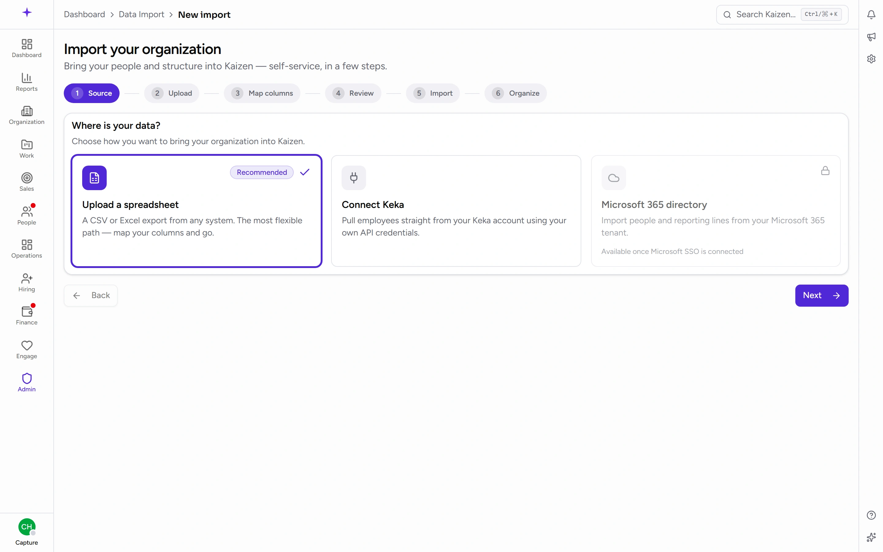 The organization import wizard, at its first step