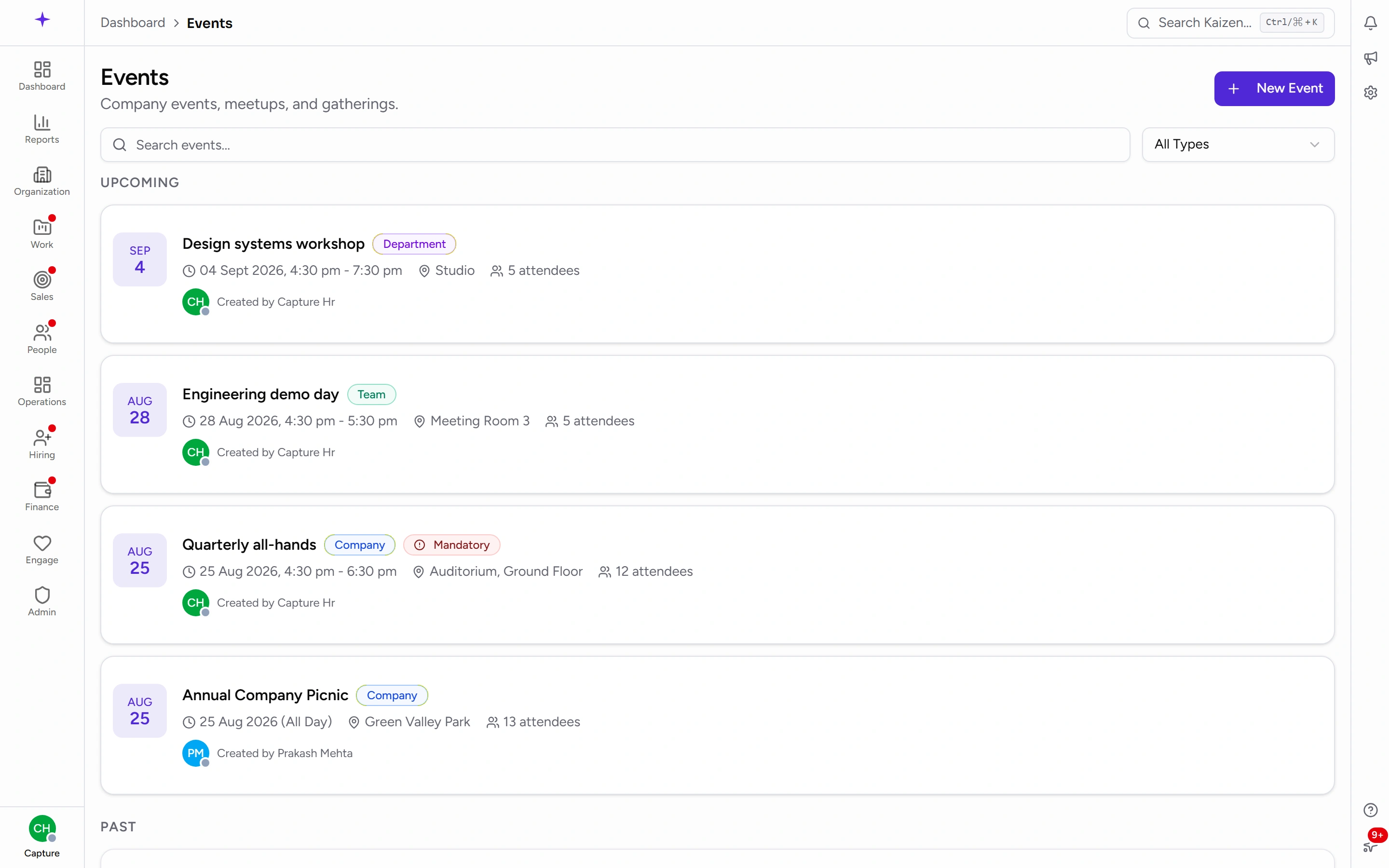 Events — Upcoming above Past, each with its type, place and attendee count