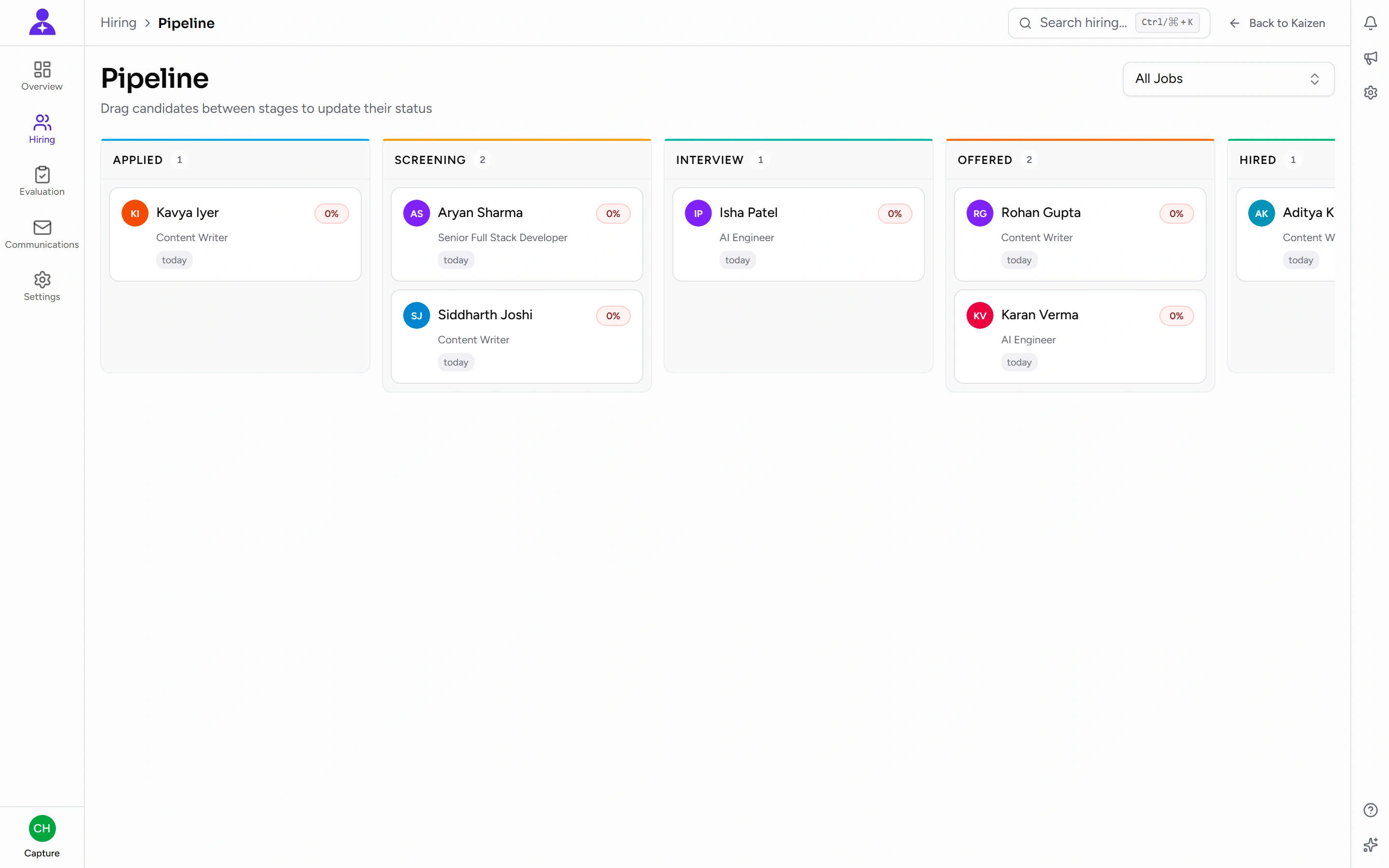 The hiring pipeline — drag a candidate between stages to move them along