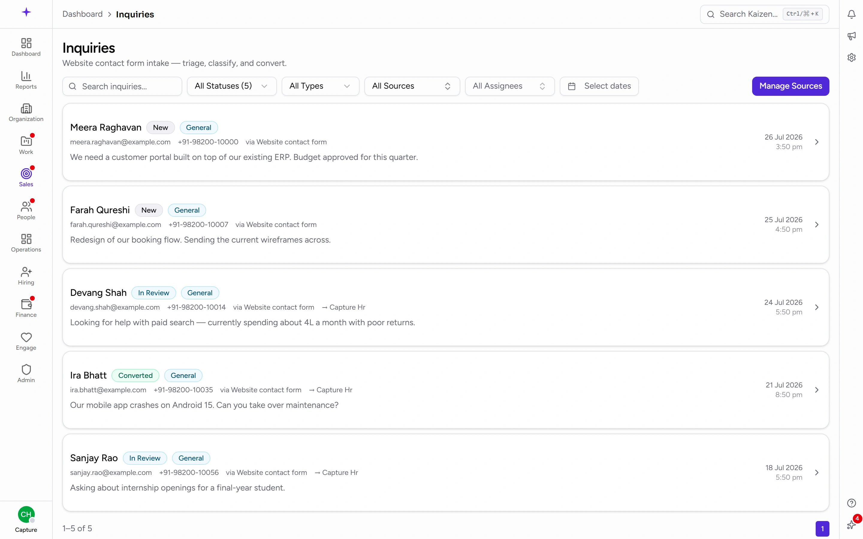 The inquiry inbox, newest first, with each one's status