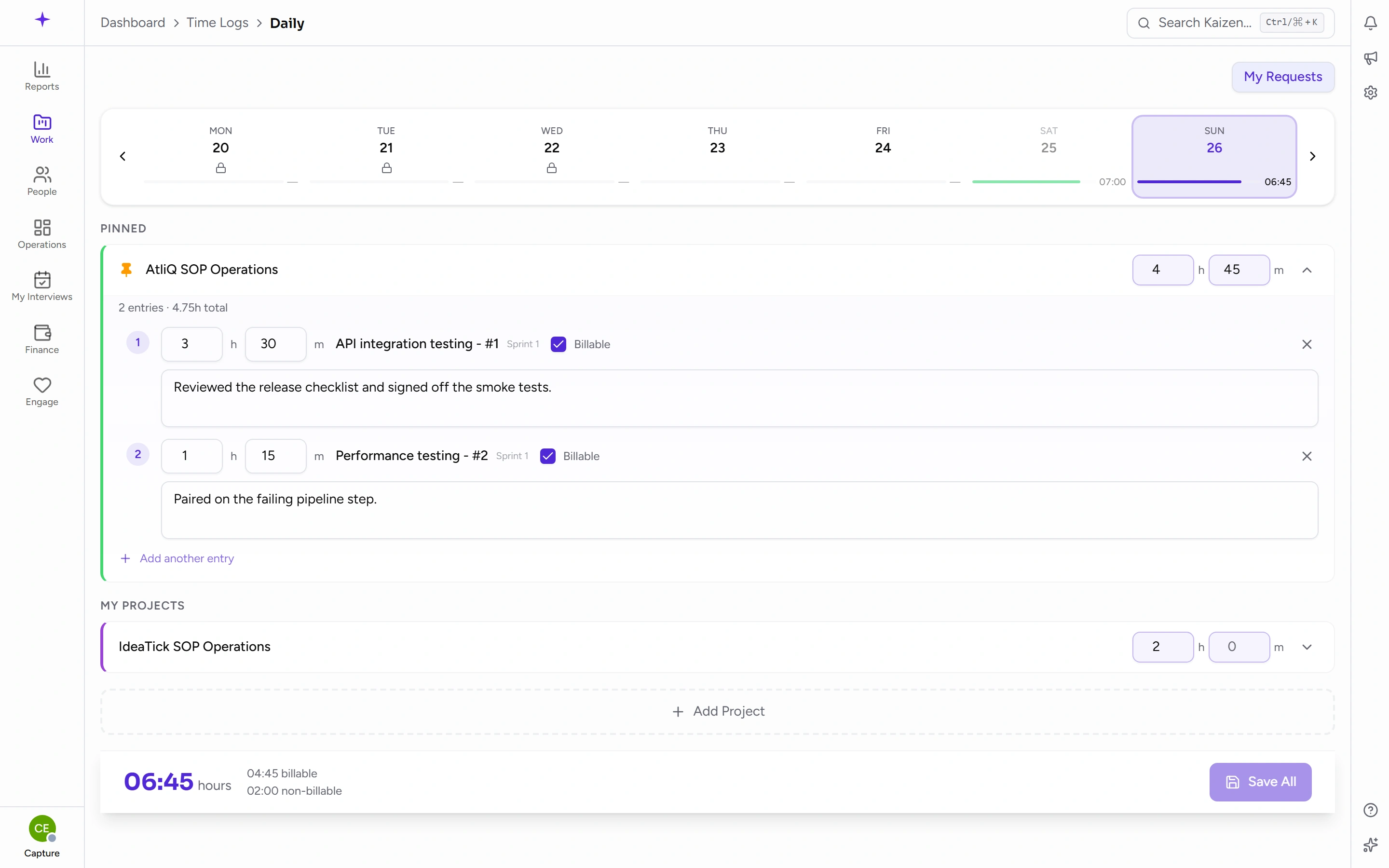 A project row expanded, showing the hours and minutes boxes and the description