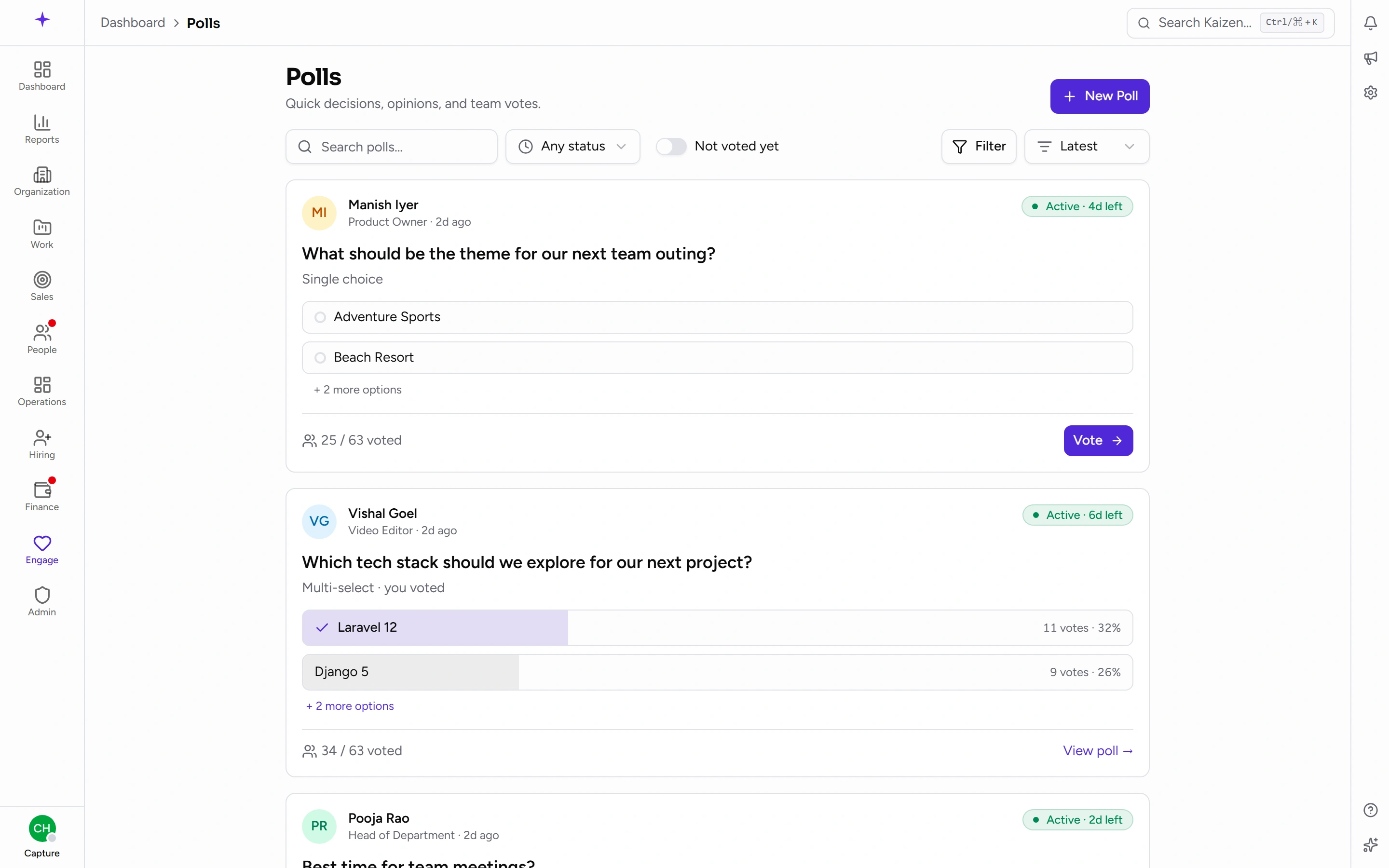 Open polls, each showing how many people have voted and how long is left