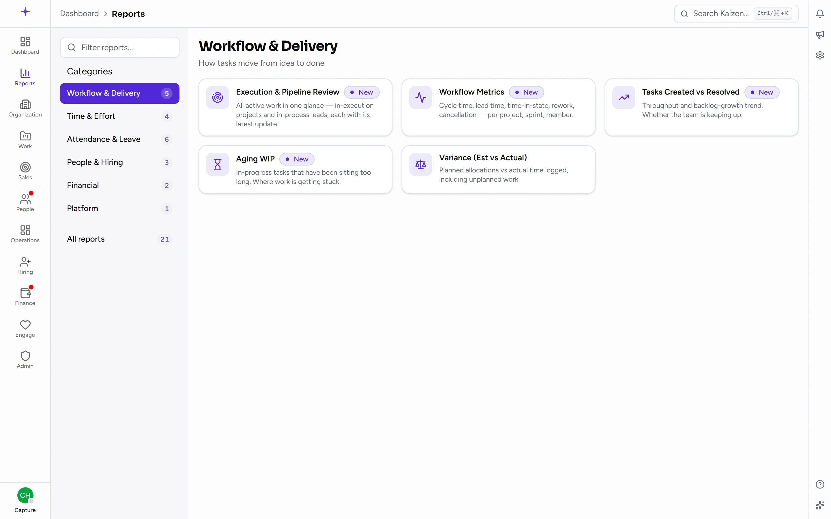 The reports library, grouped by category