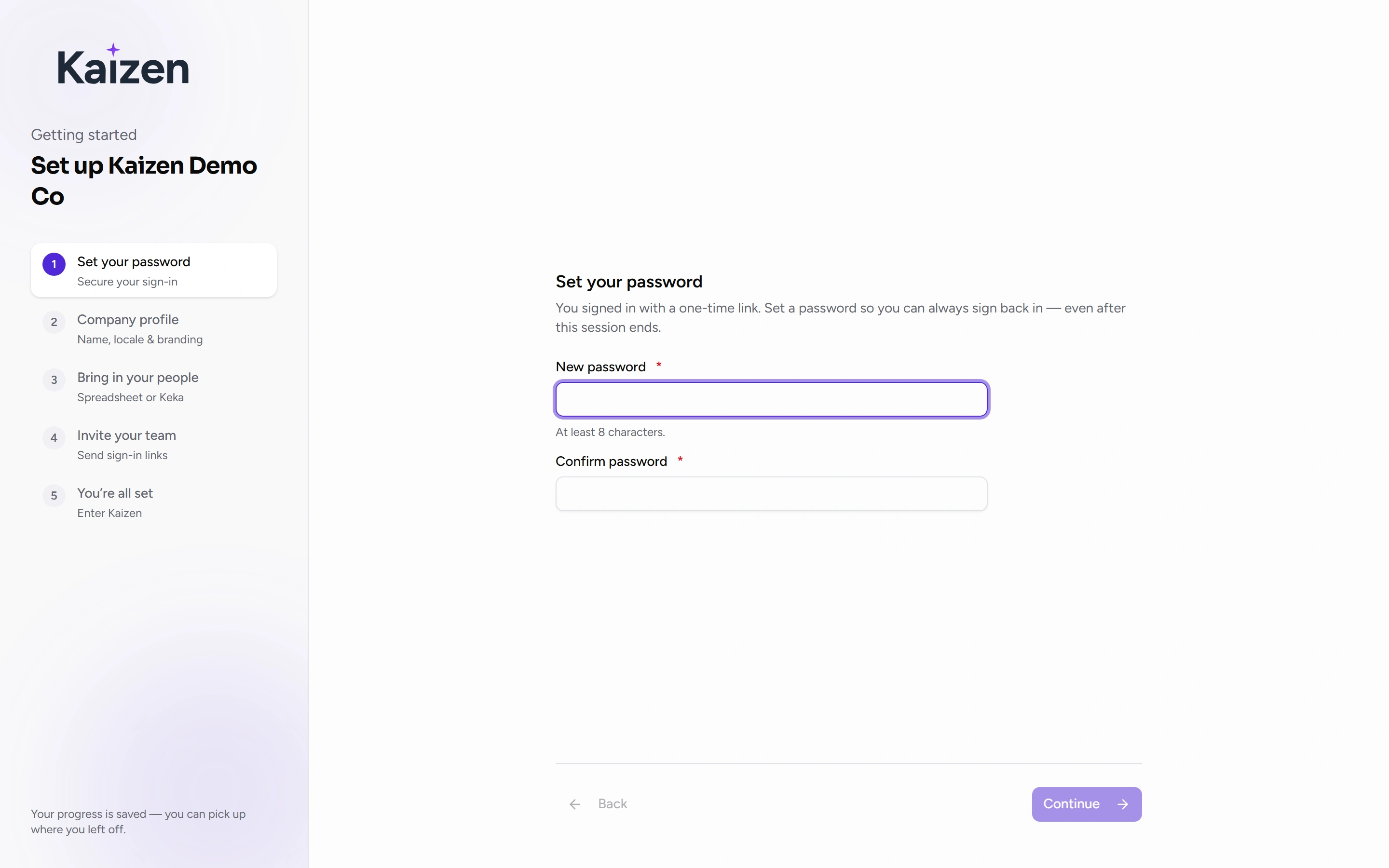 The setup wizard on its first step, with the remaining steps listed alongside