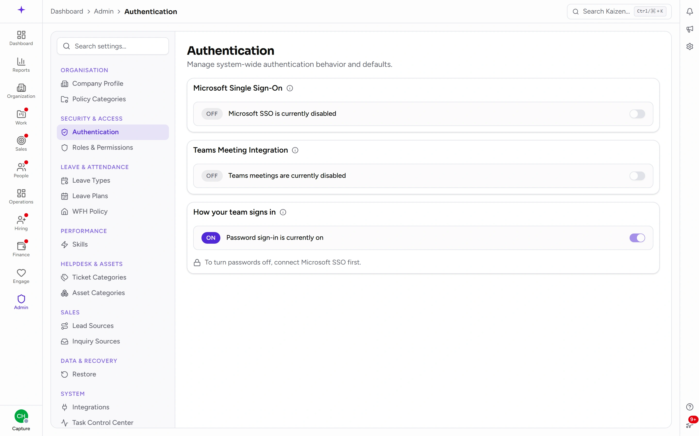 Authentication — Microsoft sign-in, Teams meetings, and the password sign-in switch