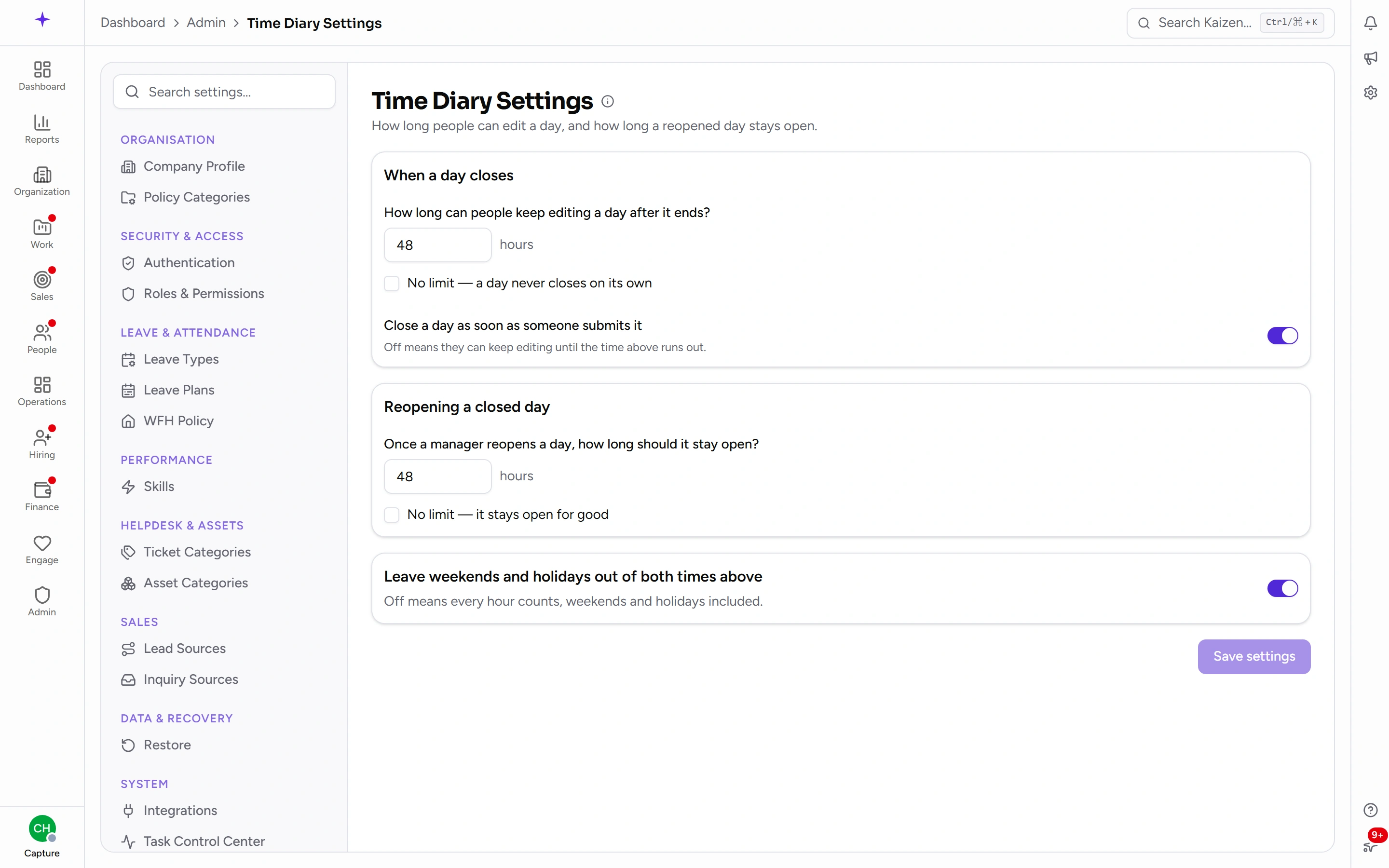 Time Diary Settings — when a day closes, reopening a closed day, and the weekend rule