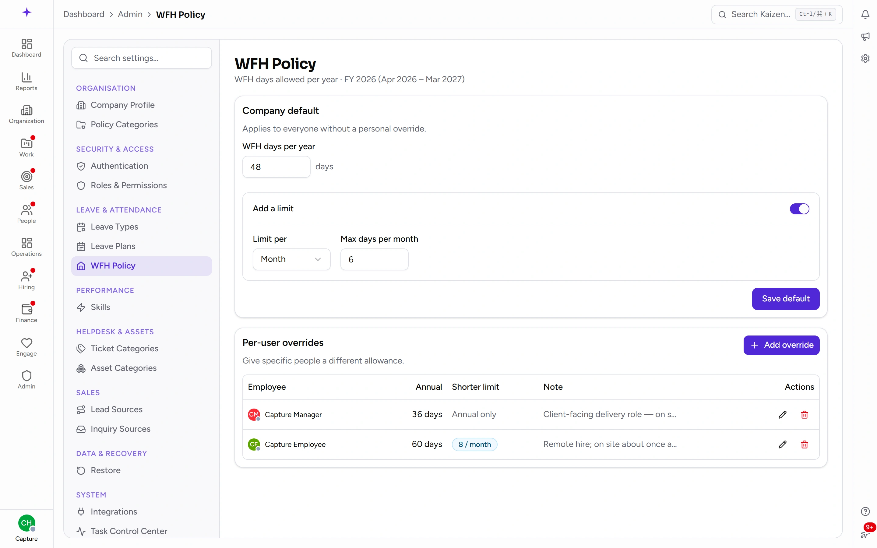 WFH Policy — the company default, with per-user overrides underneath