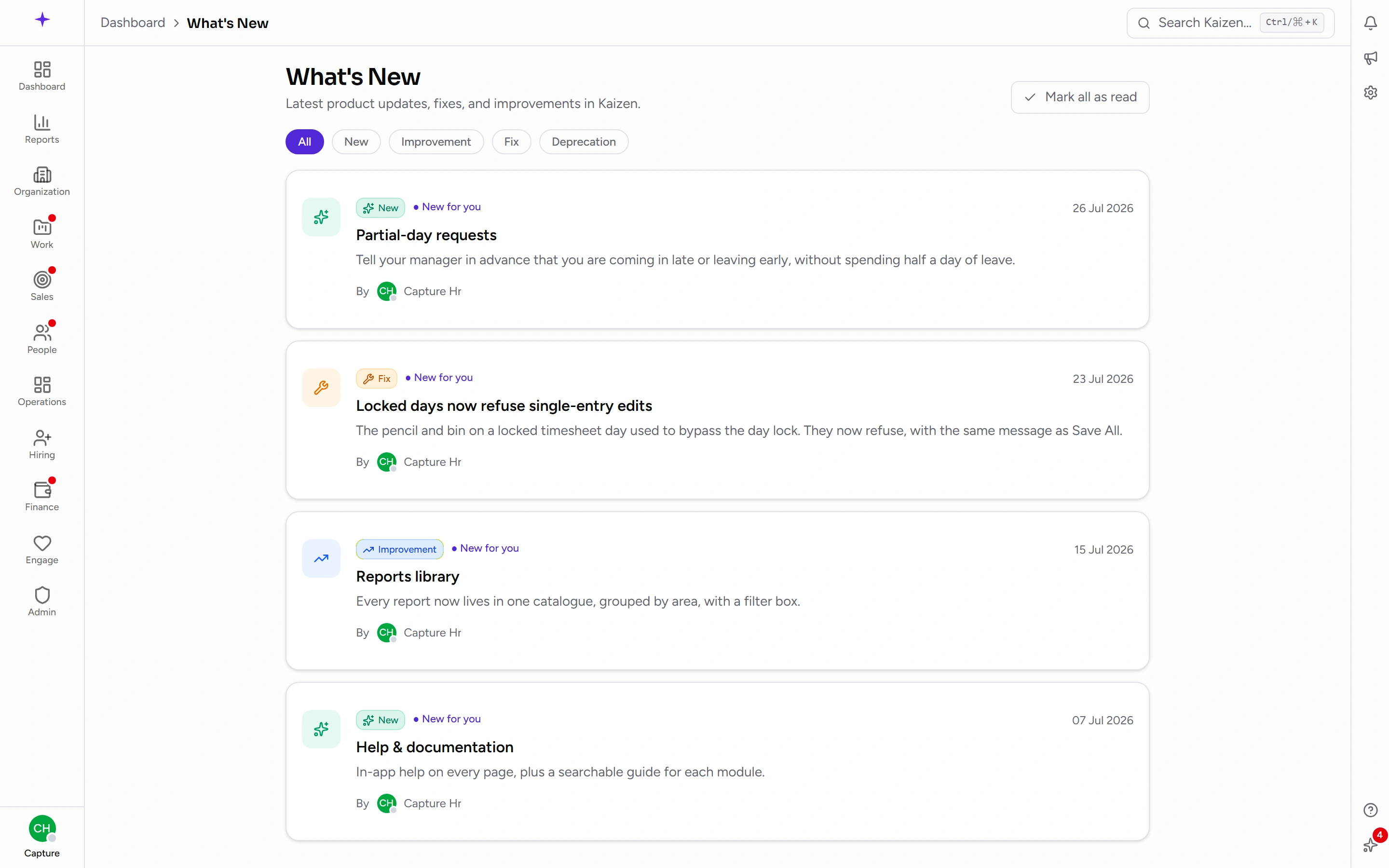 What's New — each entry tagged as a feature, an improvement or a fix